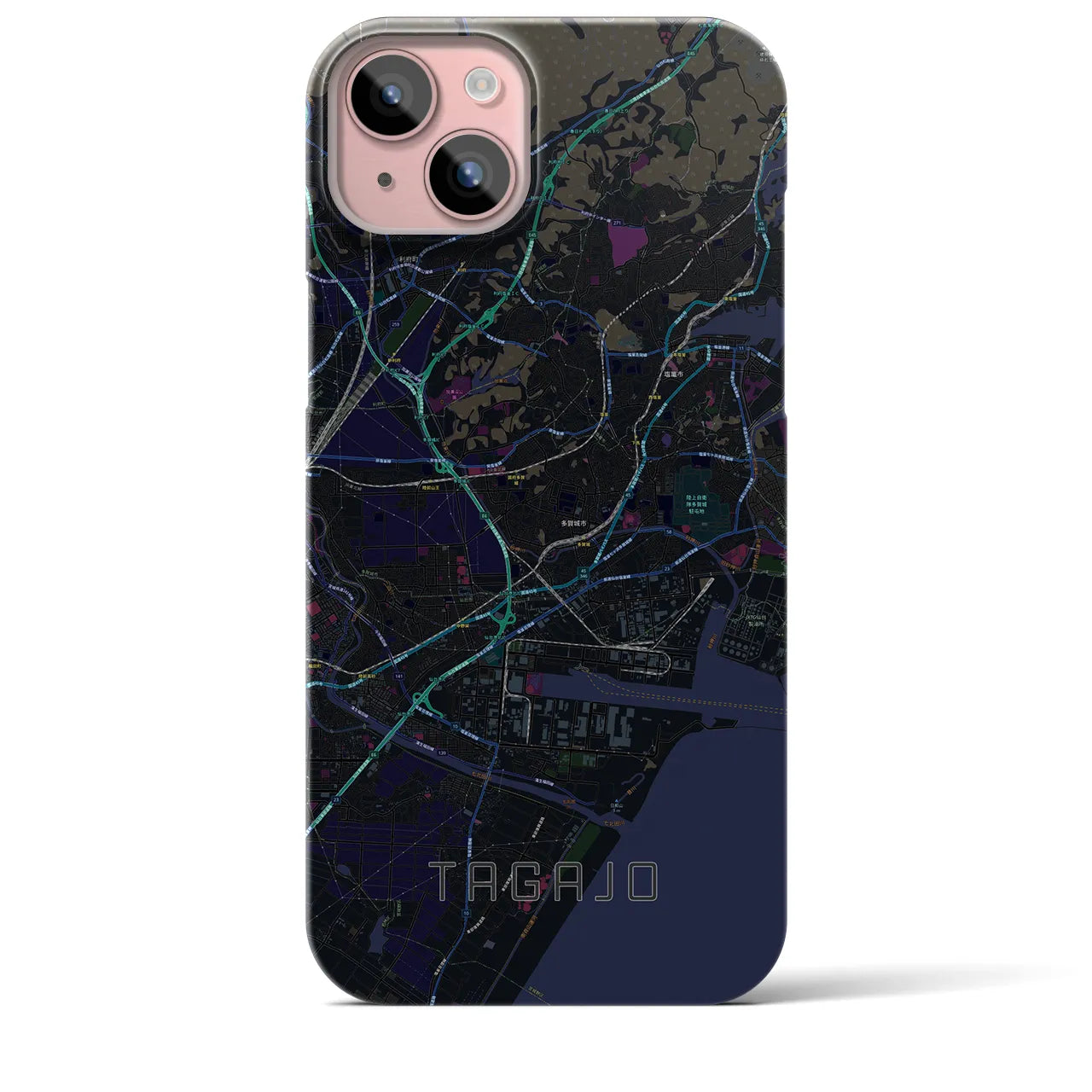 【多賀城】地図柄iPhoneケース（バックカバータイプ・ブラック）iPhone 15 Plus 用