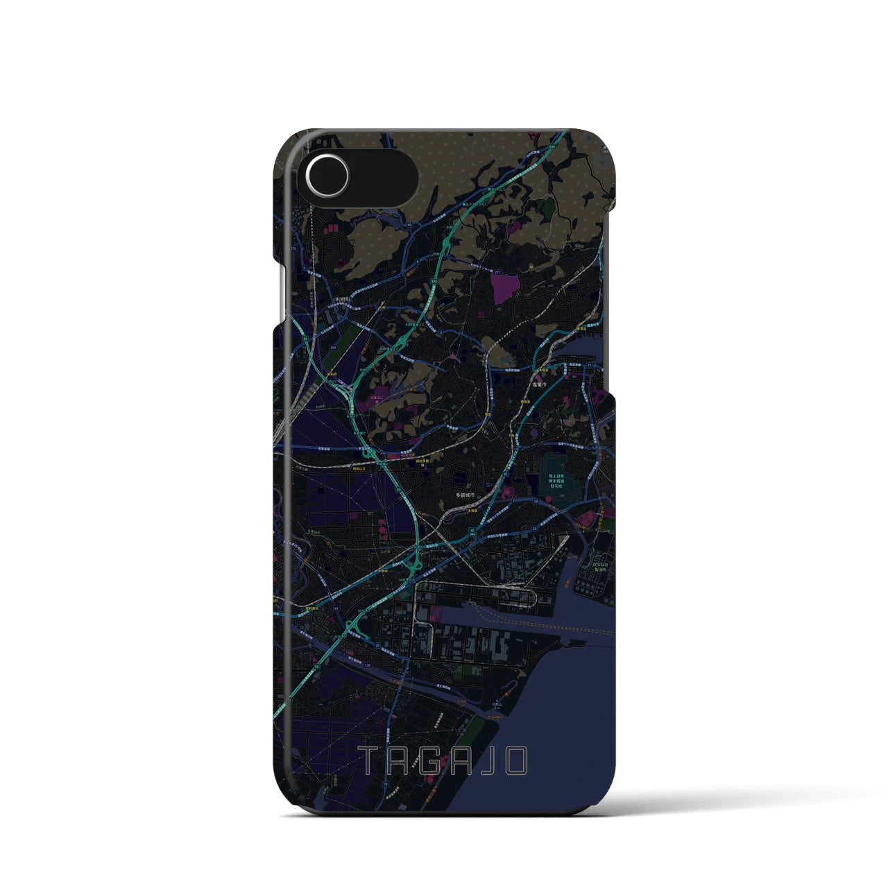 【多賀城】地図柄iPhoneケース（バックカバータイプ・ブラック）iPhone SE（第3 / 第2世代） / 8 / 7 / 6s / 6 用