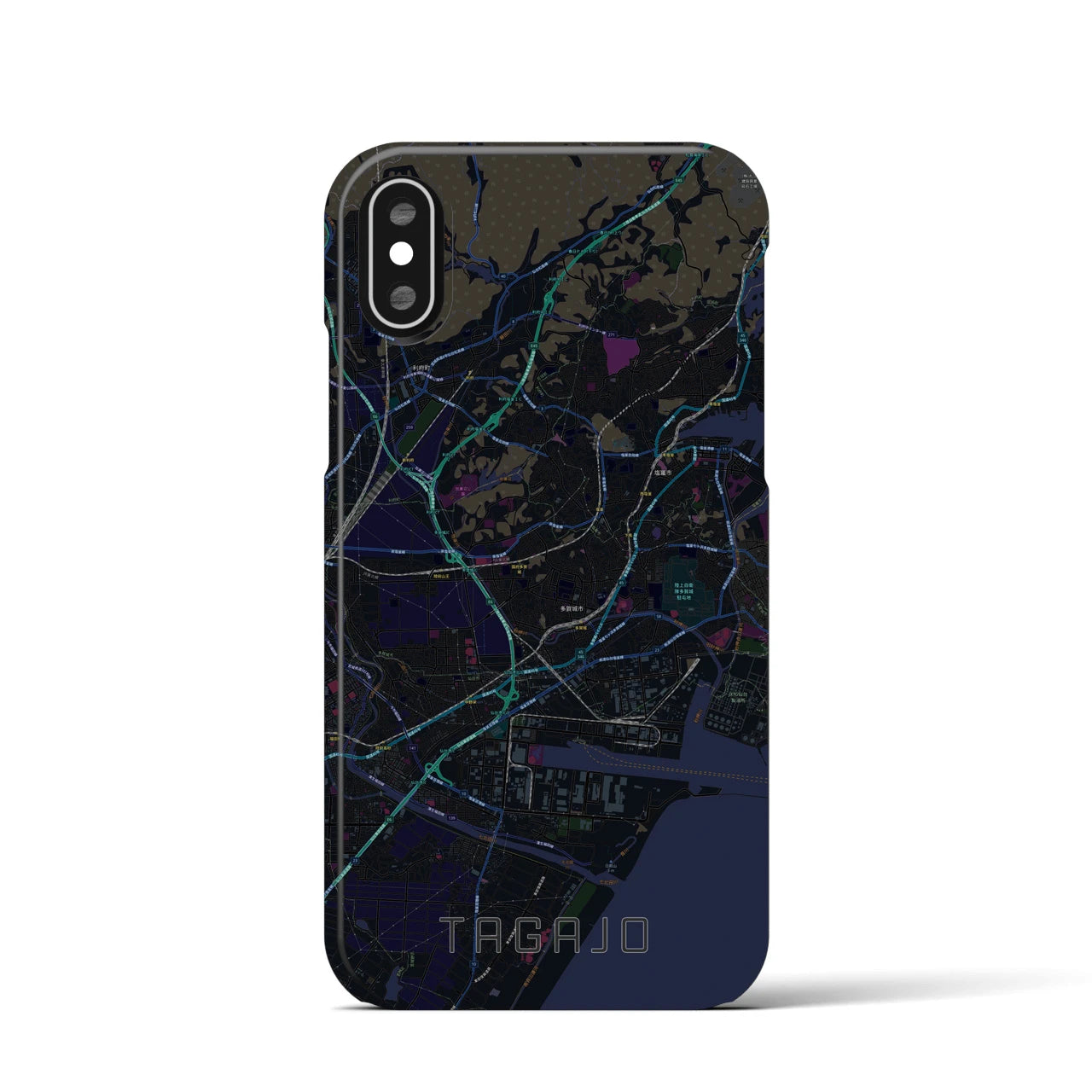 【多賀城】地図柄iPhoneケース（バックカバータイプ・ブラック）iPhone XS / X 用
