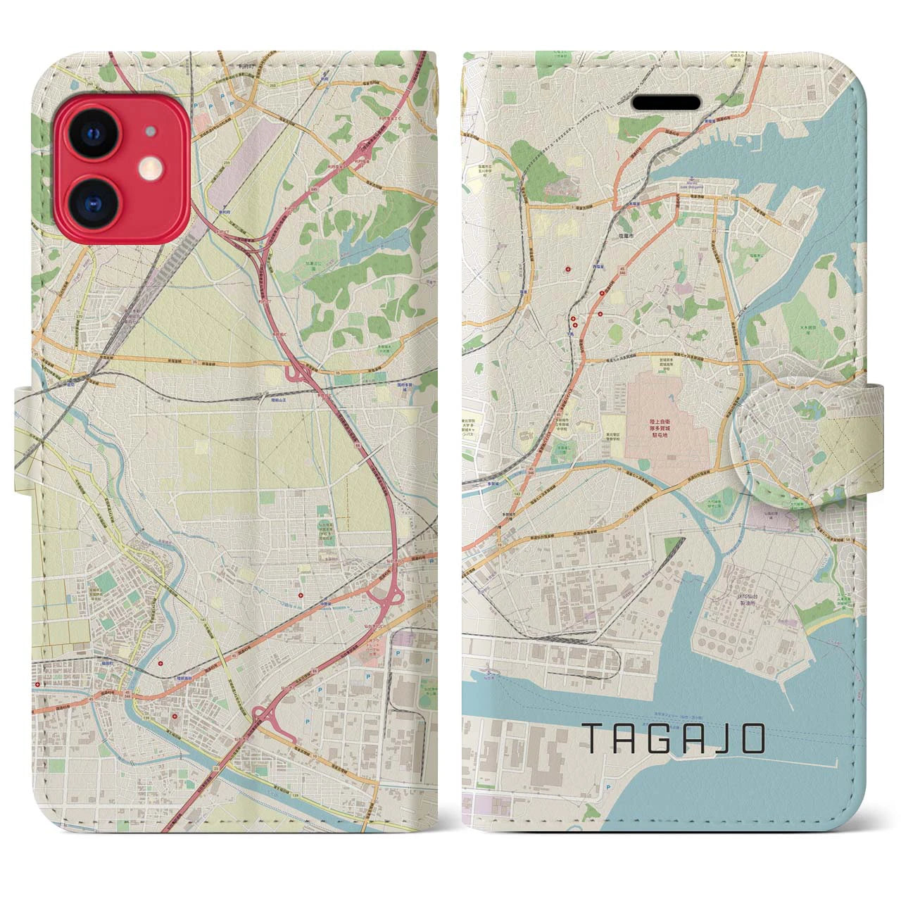 【多賀城】地図柄iPhoneケース（手帳両面タイプ・ナチュラル）iPhone 11 用