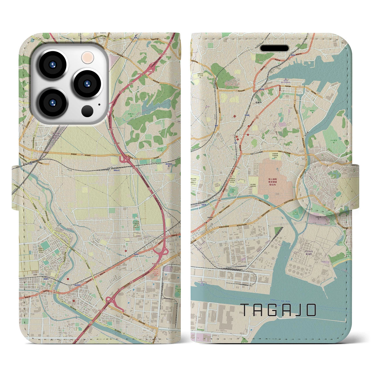 【多賀城】地図柄iPhoneケース（手帳両面タイプ・ナチュラル）iPhone 13 Pro 用