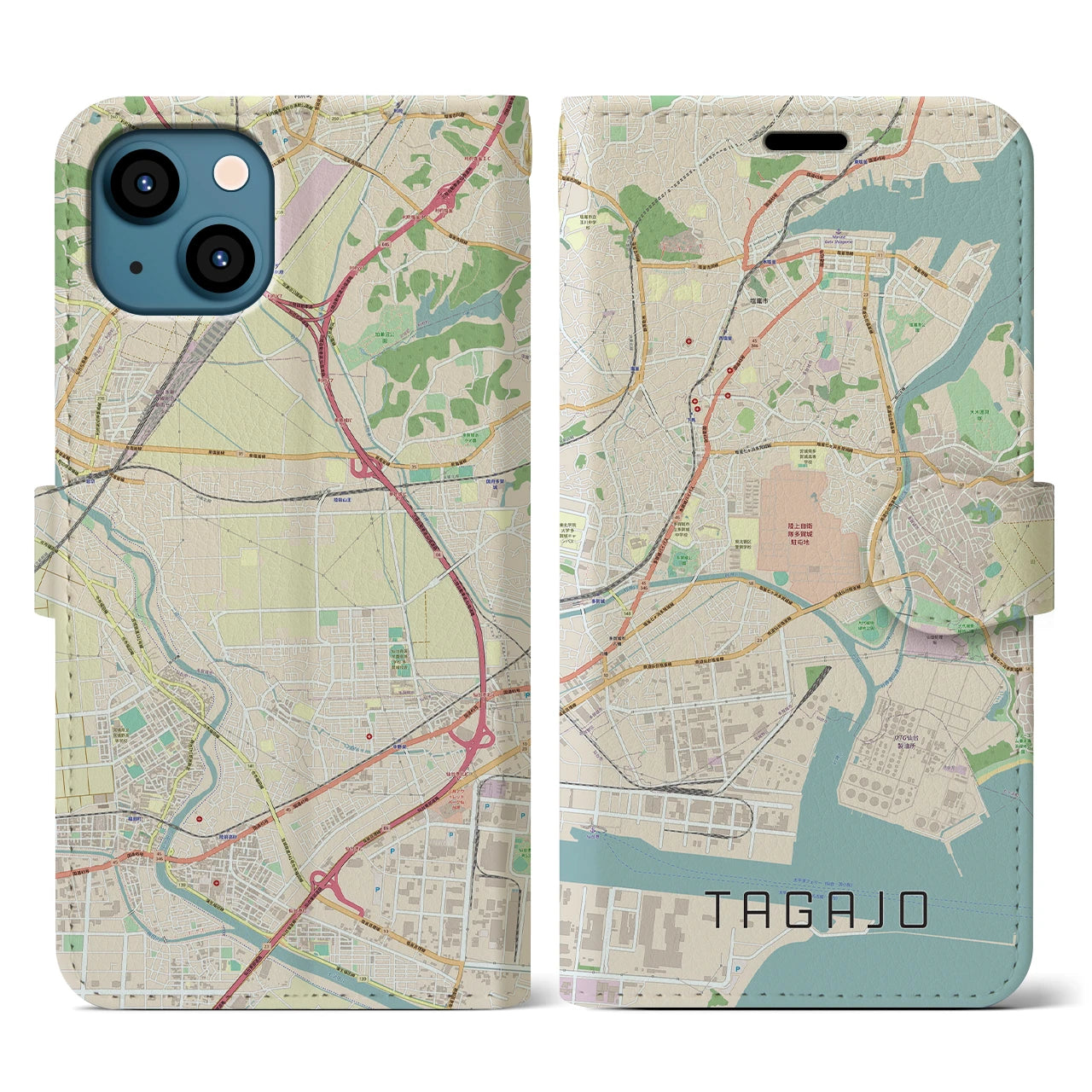 【多賀城】地図柄iPhoneケース（手帳両面タイプ・ナチュラル）iPhone 13 用