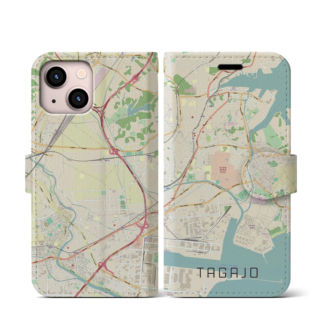 【多賀城】地図柄iPhoneケース（手帳両面タイプ・ナチュラル）iPhone 13 mini 用