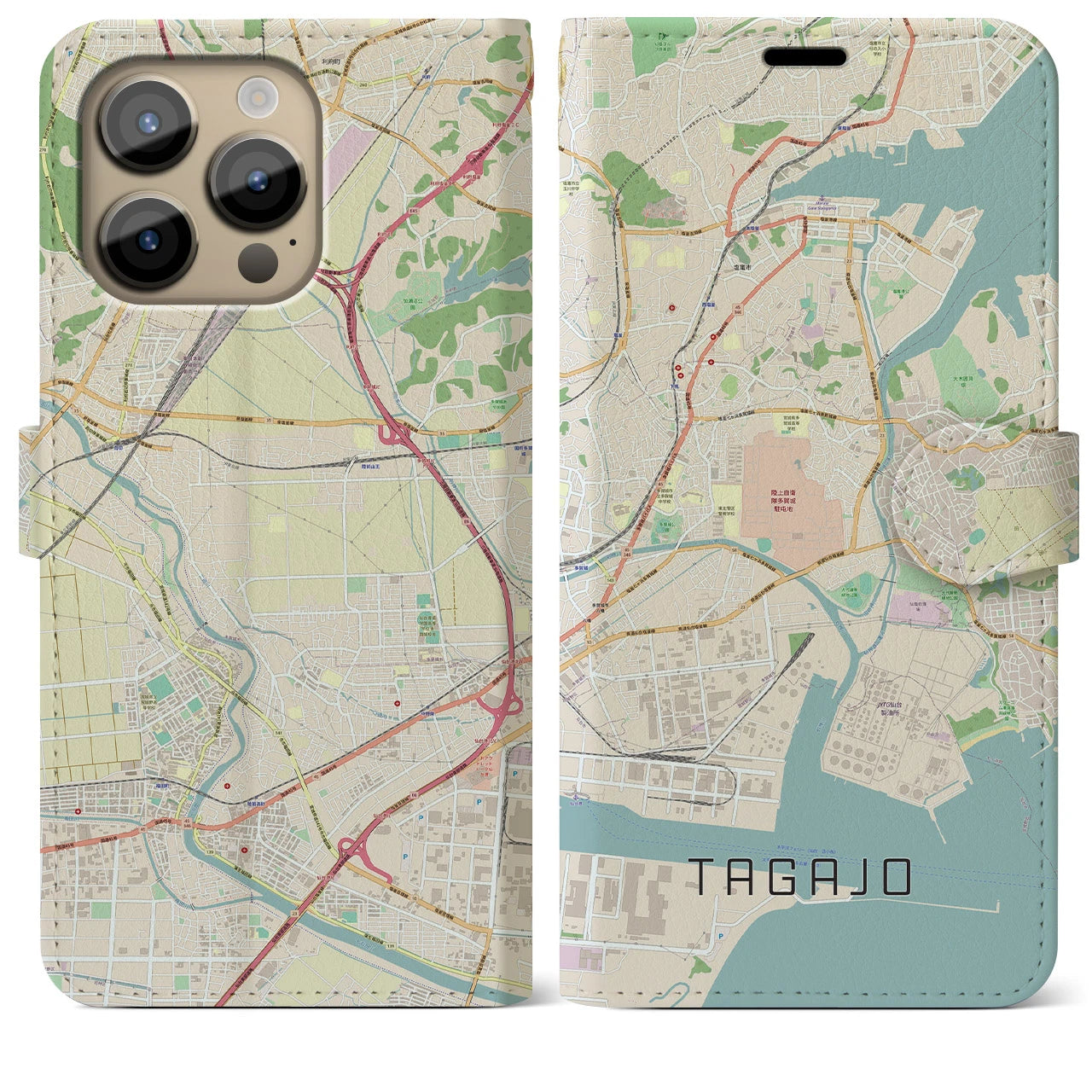 【多賀城】地図柄iPhoneケース（手帳両面タイプ・ナチュラル）iPhone 14 Pro Max 用