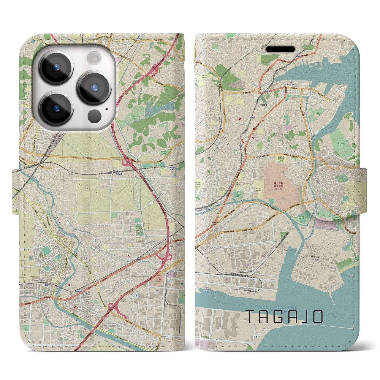 【多賀城】地図柄iPhoneケース（手帳両面タイプ・ナチュラル）iPhone 14 Pro 用