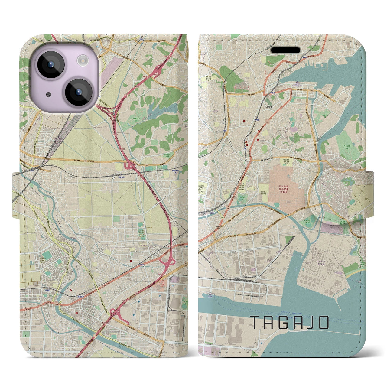 【多賀城】地図柄iPhoneケース（手帳両面タイプ・ナチュラル）iPhone 14 用