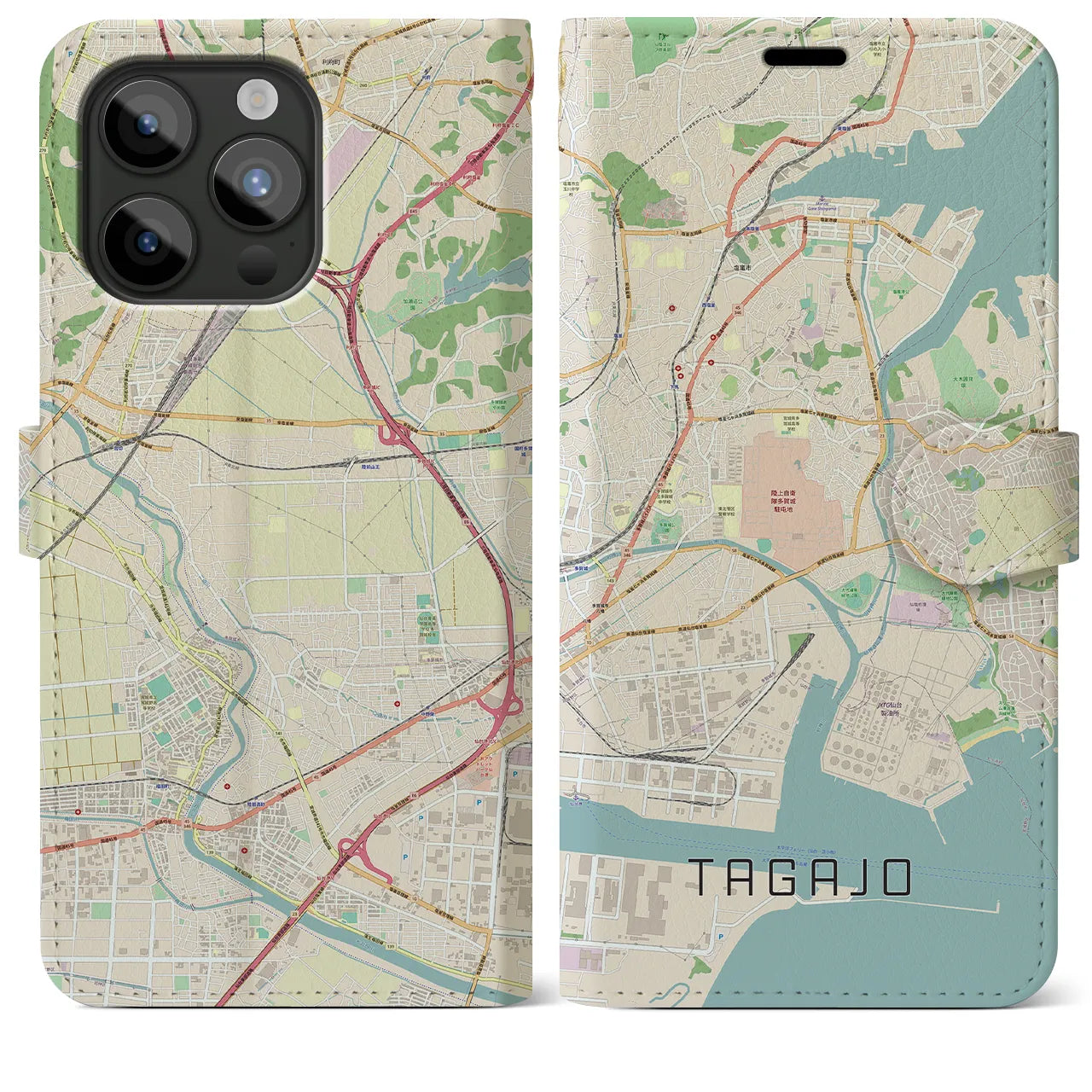 【多賀城】地図柄iPhoneケース（手帳両面タイプ・ナチュラル）iPhone 15 Pro Max 用