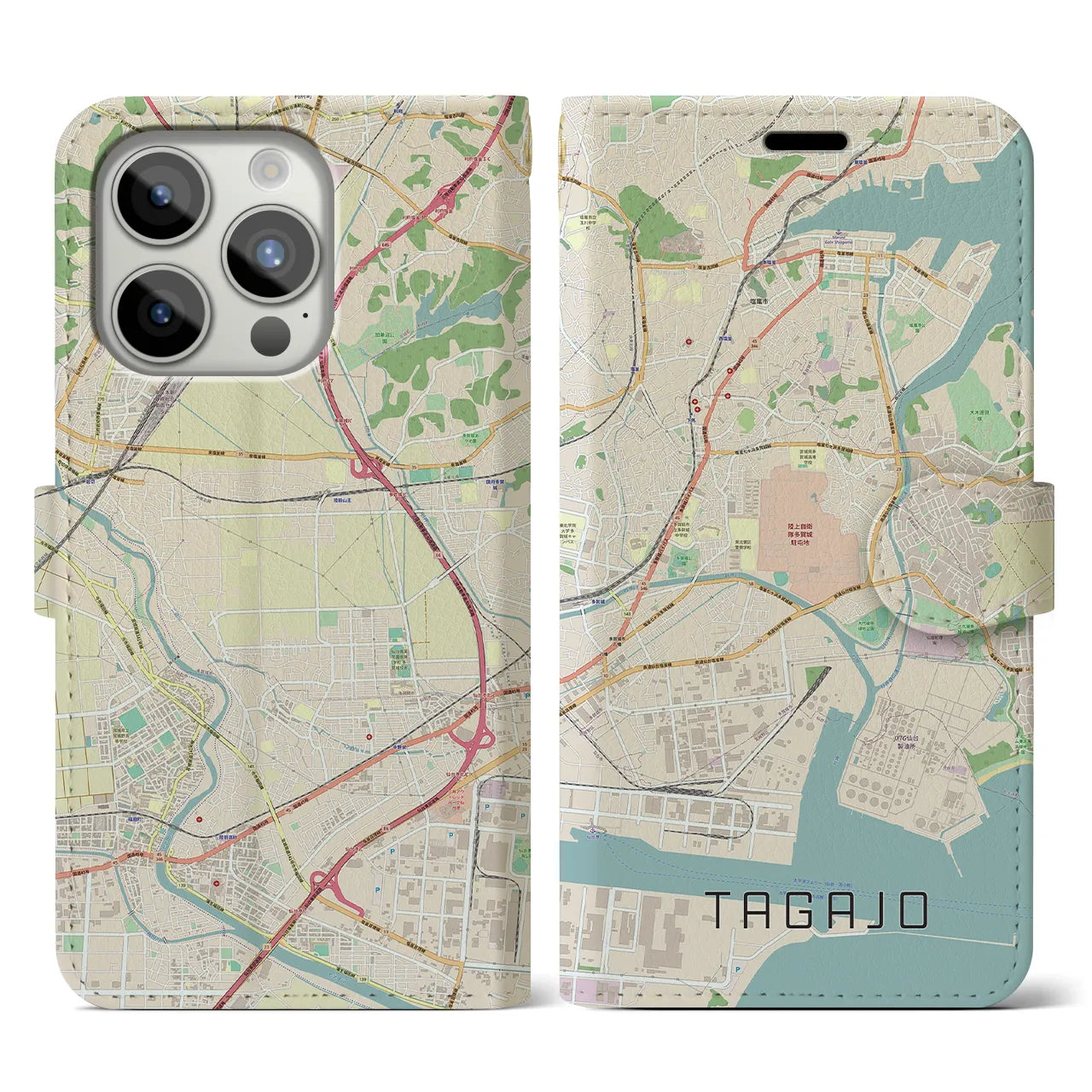 【多賀城】地図柄iPhoneケース（手帳両面タイプ・ナチュラル）iPhone 15 Pro 用