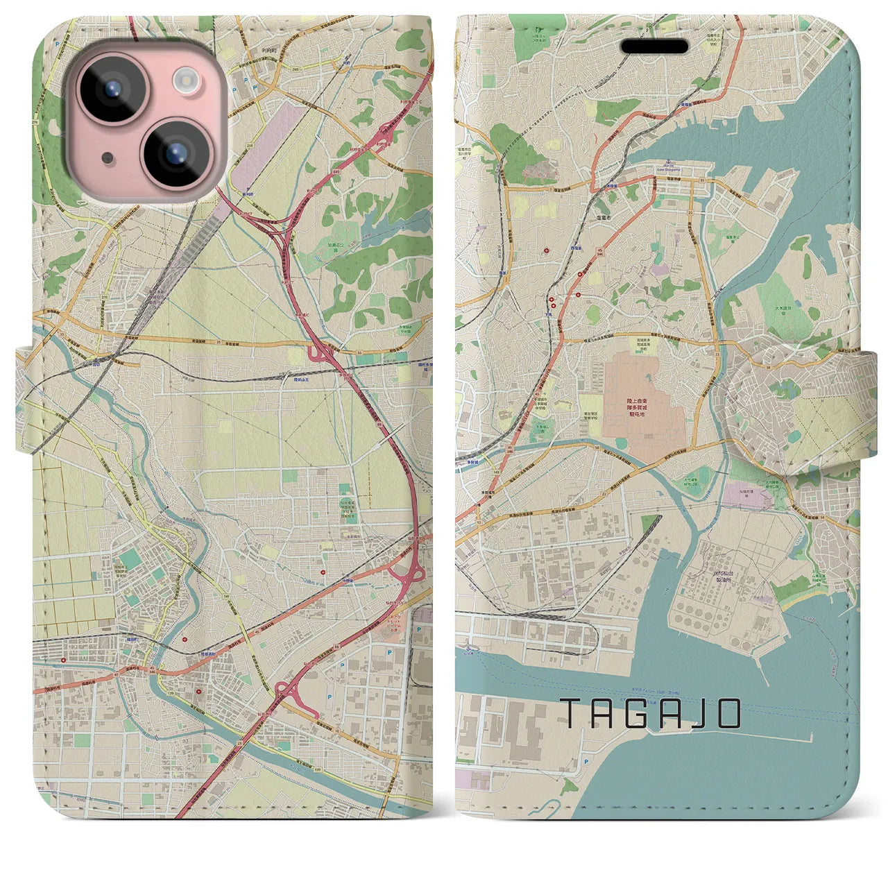 【多賀城】地図柄iPhoneケース（手帳両面タイプ・ナチュラル）iPhone 15 Plus 用