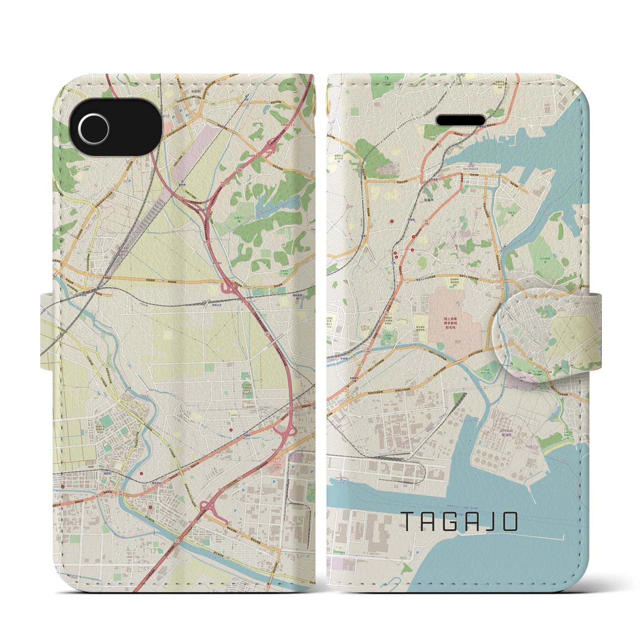 【多賀城】地図柄iPhoneケース（手帳両面タイプ・ナチュラル）iPhone SE（第3 / 第2世代） / 8 / 7 / 6s / 6 用