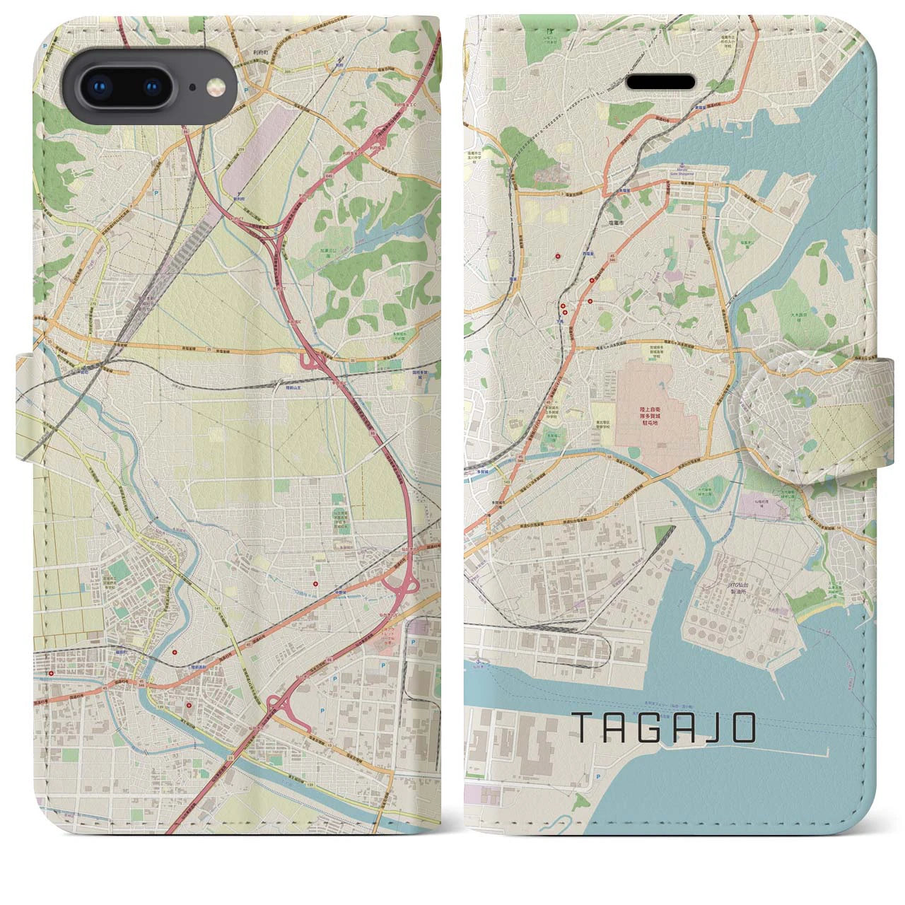 【多賀城】地図柄iPhoneケース（手帳両面タイプ・ナチュラル）iPhone 8Plus /7Plus / 6sPlus / 6Plus 用