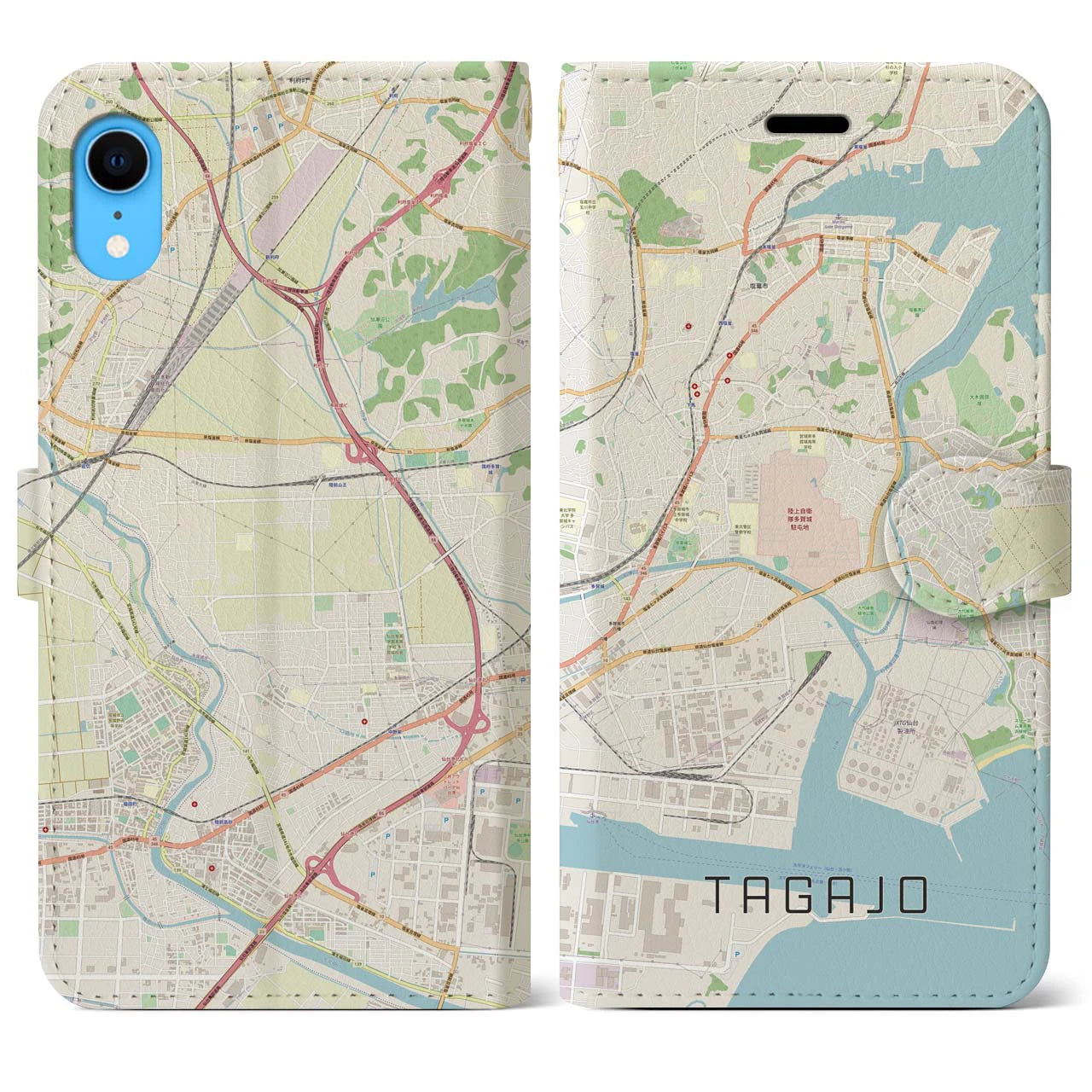 【多賀城】地図柄iPhoneケース（手帳両面タイプ・ナチュラル）iPhone XR 用
