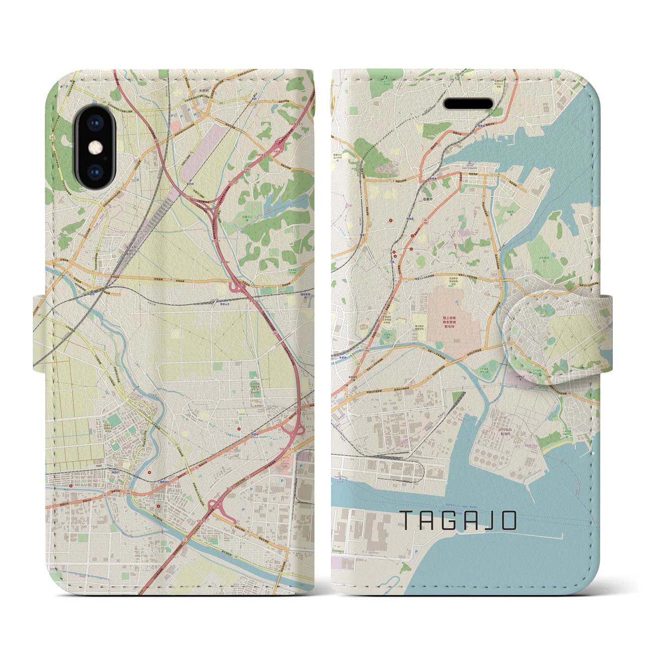 【多賀城】地図柄iPhoneケース（手帳両面タイプ・ナチュラル）iPhone XS / X 用