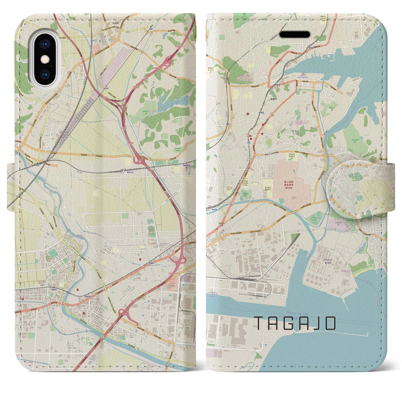 【多賀城】地図柄iPhoneケース（手帳両面タイプ・ナチュラル）iPhone XS Max 用