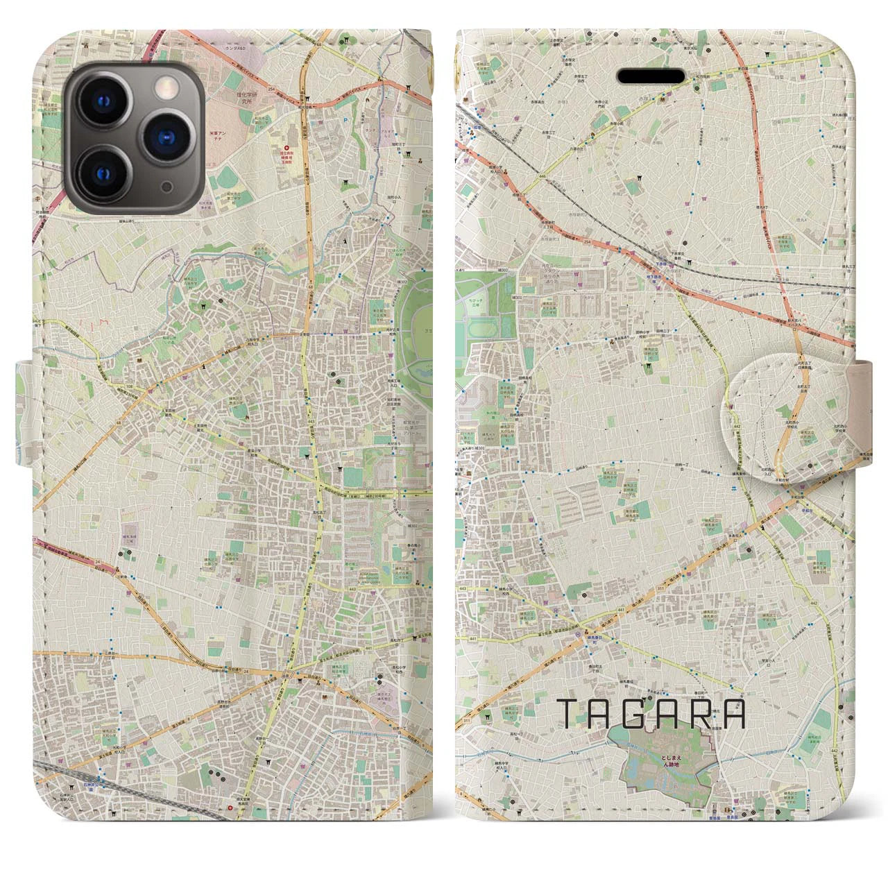 【田柄】地図柄iPhoneケース（手帳両面タイプ・ナチュラル）iPhone 11 Pro Max 用