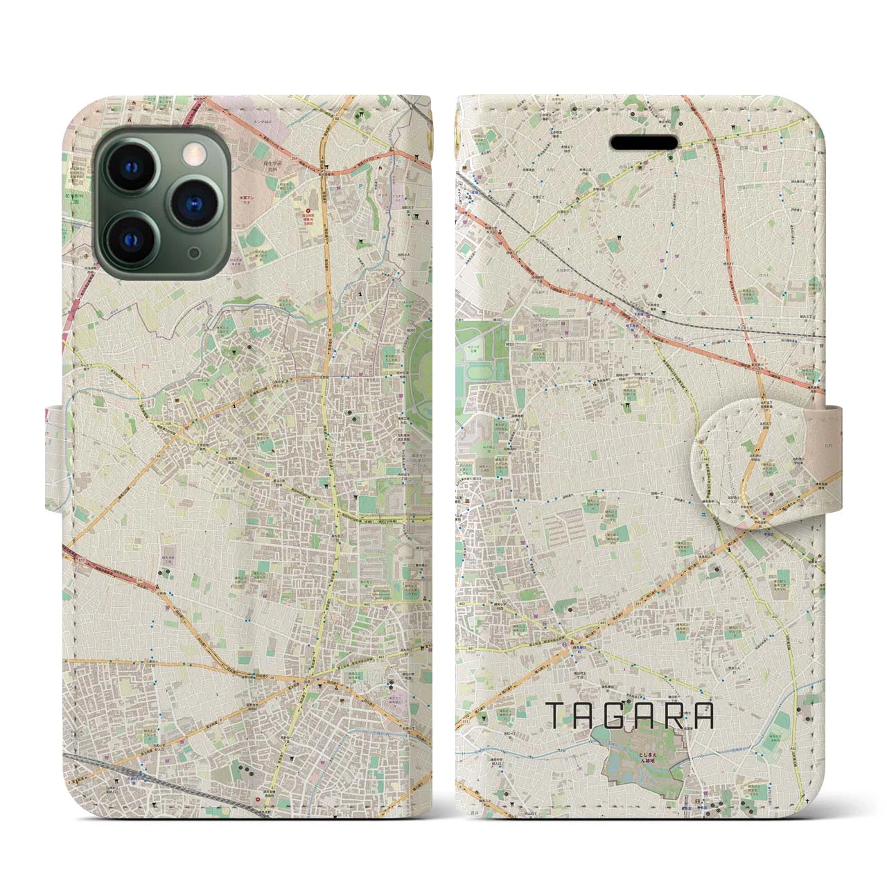 【田柄】地図柄iPhoneケース（手帳両面タイプ・ナチュラル）iPhone 11 Pro 用