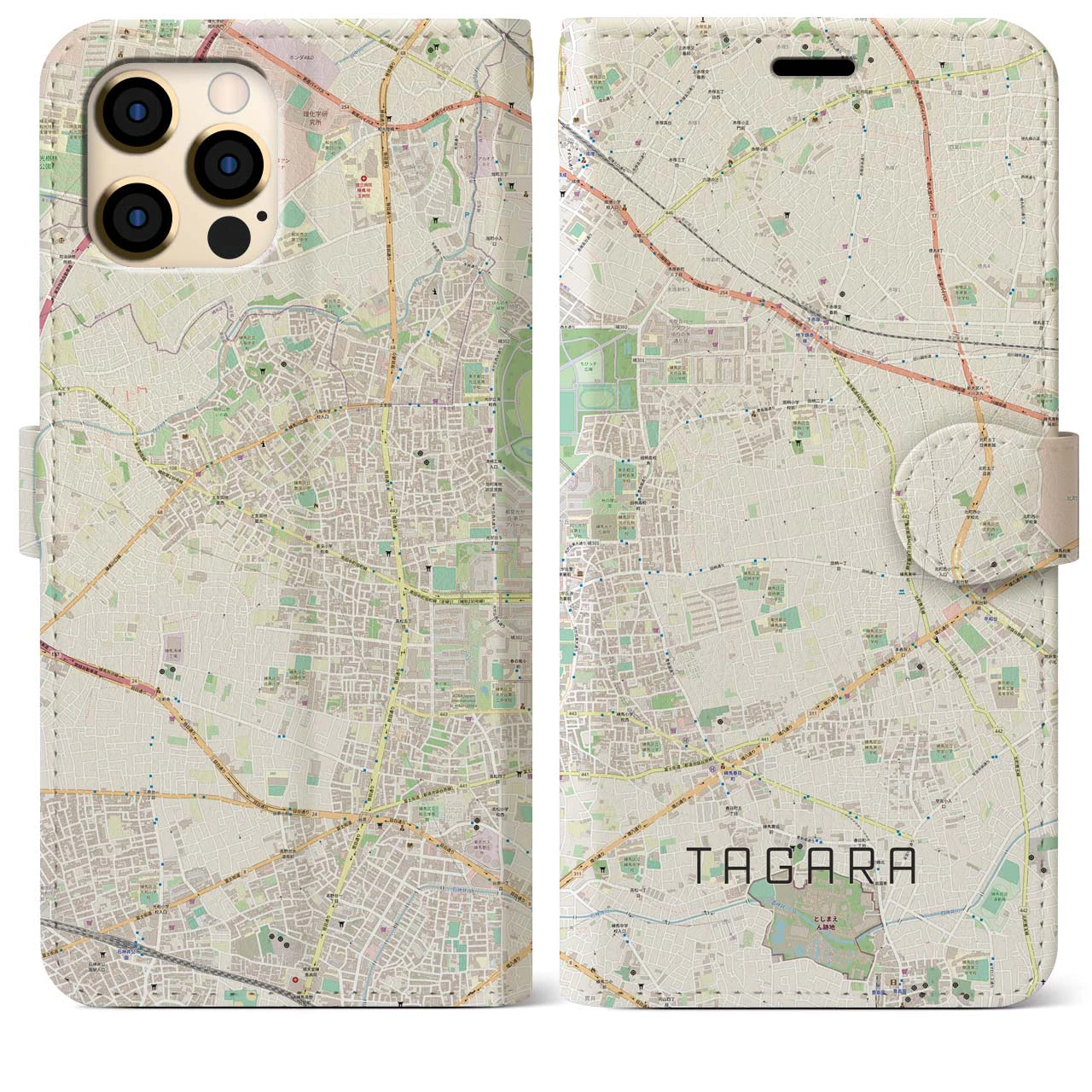 【田柄】地図柄iPhoneケース（手帳両面タイプ・ナチュラル）iPhone 12 Pro Max 用