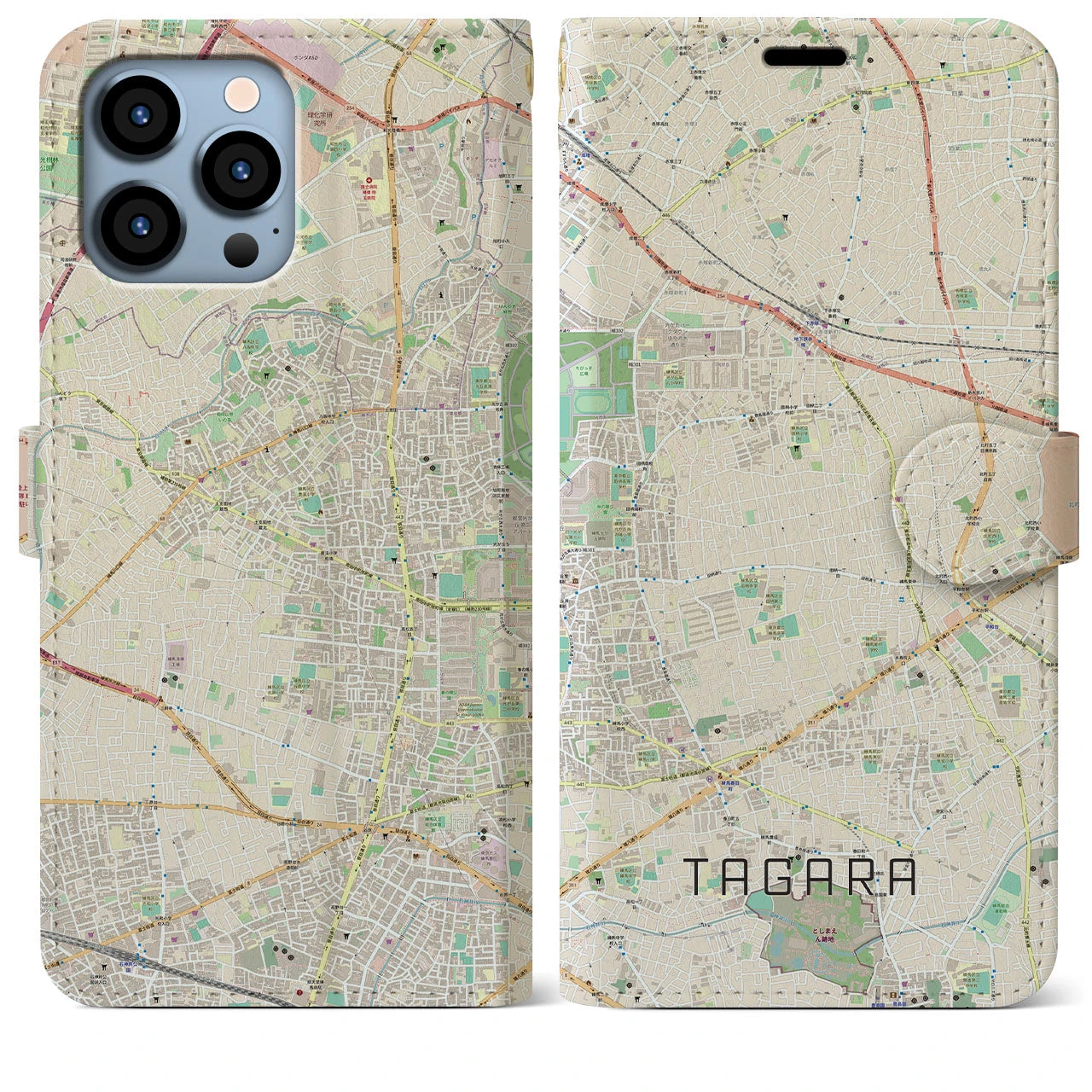 【田柄】地図柄iPhoneケース（手帳両面タイプ・ナチュラル）iPhone 13 Pro Max 用