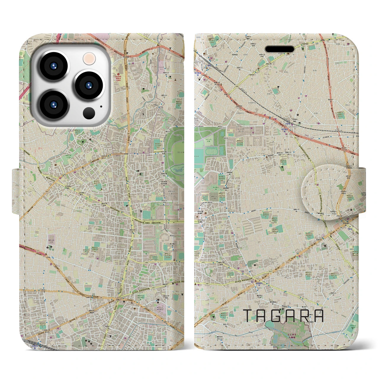 【田柄】地図柄iPhoneケース（手帳両面タイプ・ナチュラル）iPhone 13 Pro 用