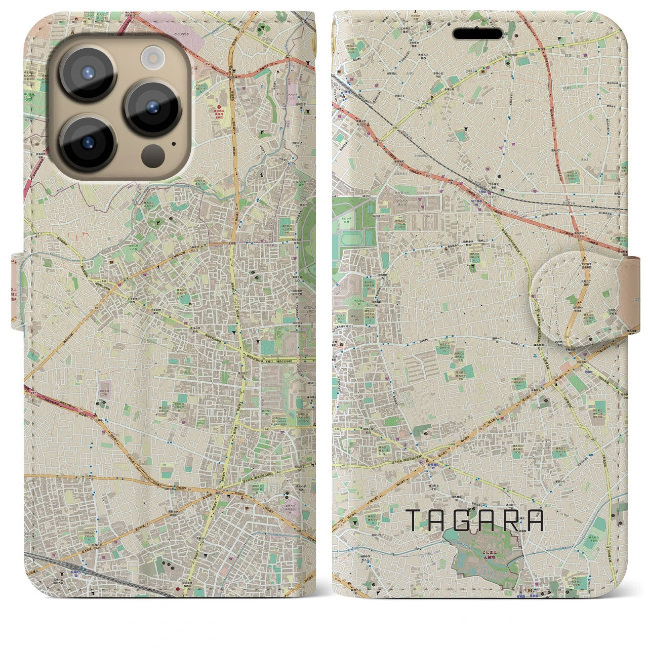 【田柄】地図柄iPhoneケース（手帳両面タイプ・ナチュラル）iPhone 14 Pro Max 用