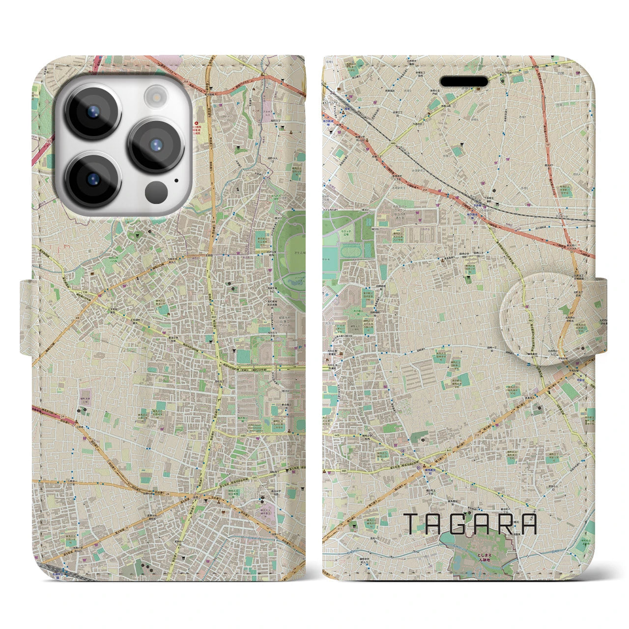 【田柄】地図柄iPhoneケース（手帳両面タイプ・ナチュラル）iPhone 14 Pro 用