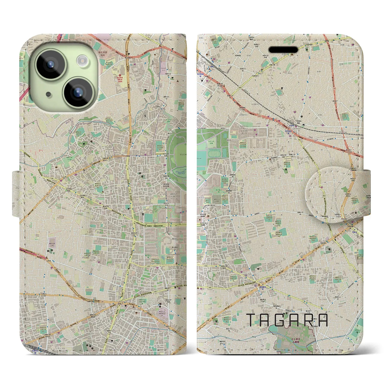 【田柄】地図柄iPhoneケース（手帳両面タイプ・ナチュラル）iPhone 15 用