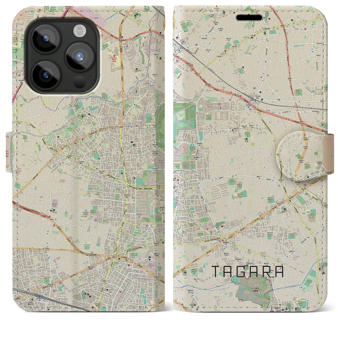 【田柄】地図柄iPhoneケース（手帳両面タイプ・ナチュラル）iPhone 15 Pro Max 用