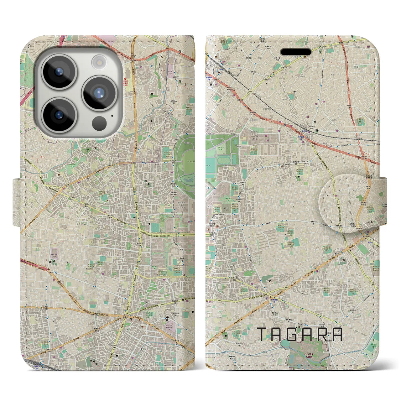 【田柄】地図柄iPhoneケース（手帳両面タイプ・ナチュラル）iPhone 15 Pro 用