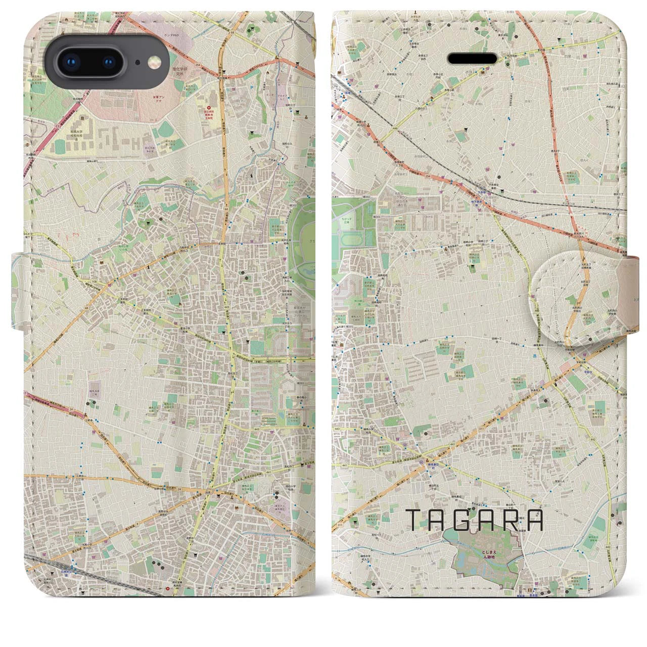 【田柄】地図柄iPhoneケース（手帳両面タイプ・ナチュラル）iPhone 8Plus /7Plus / 6sPlus / 6Plus 用
