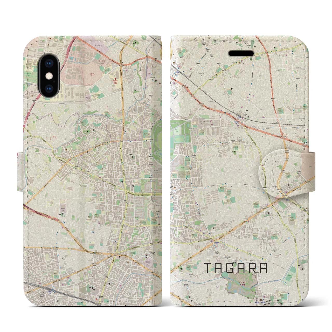 【田柄】地図柄iPhoneケース（手帳両面タイプ・ナチュラル）iPhone XS / X 用