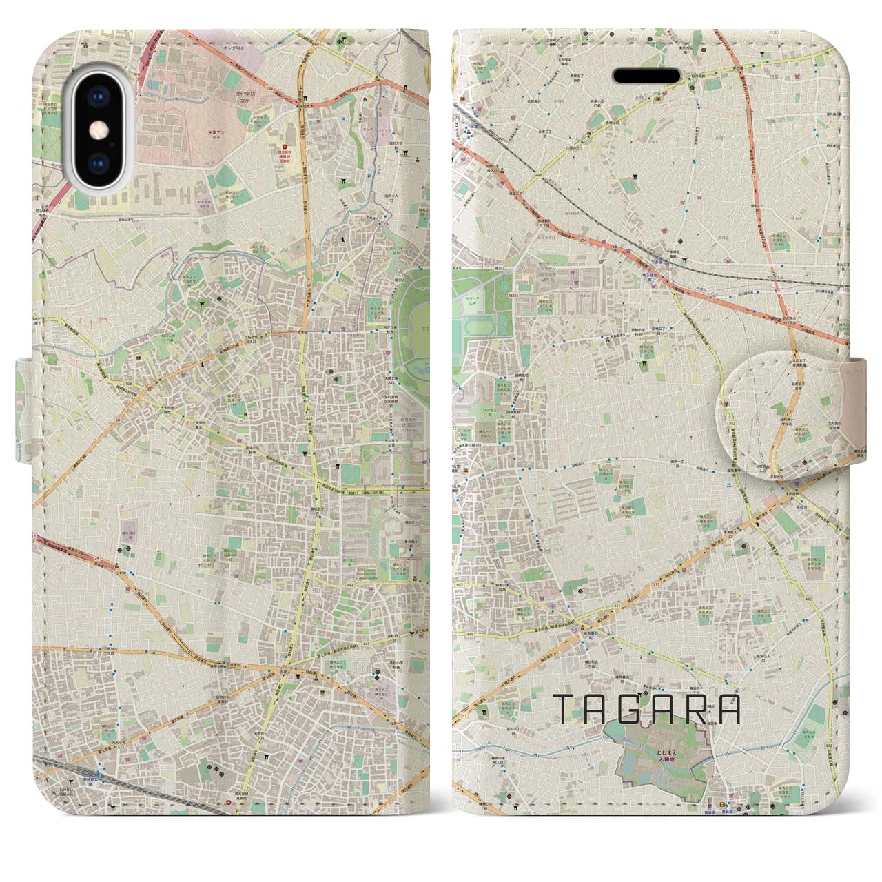 【田柄】地図柄iPhoneケース（手帳両面タイプ・ナチュラル）iPhone XS Max 用