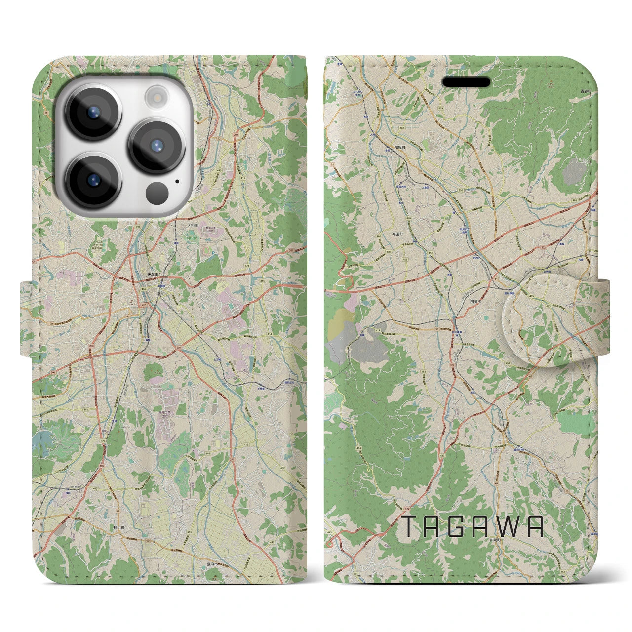 【田川】地図柄iPhoneケース（手帳両面タイプ・ナチュラル）iPhone 14 Pro 用