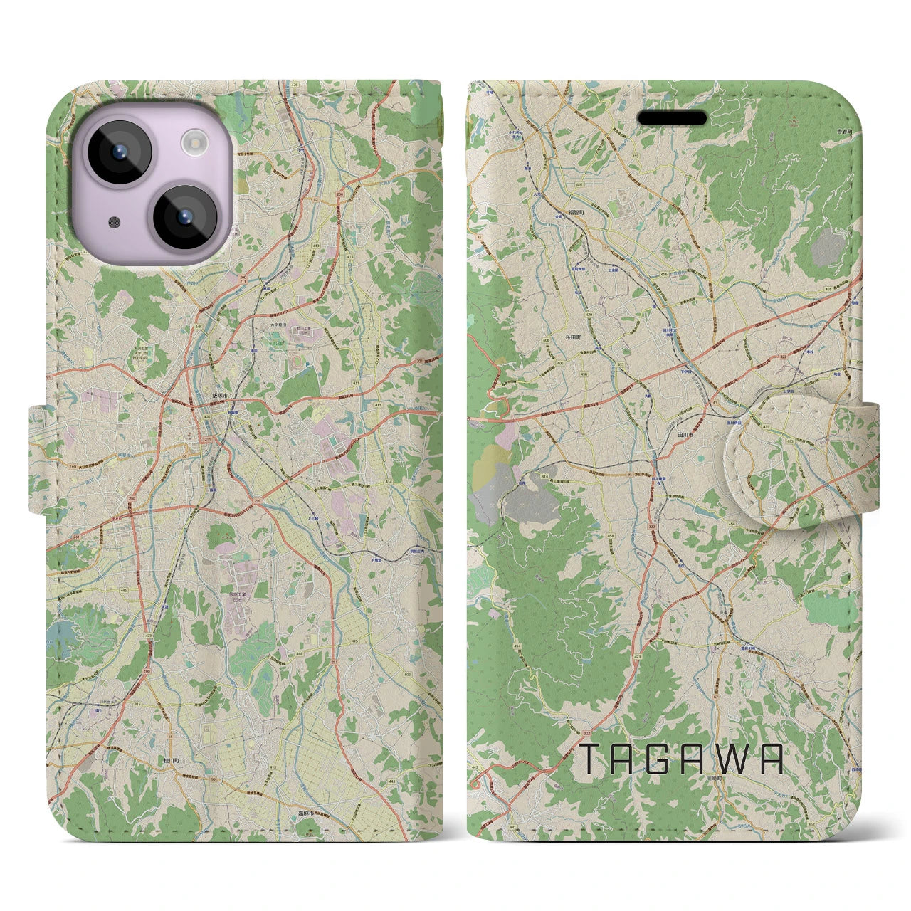 【田川】地図柄iPhoneケース（手帳両面タイプ・ナチュラル）iPhone 14 用
