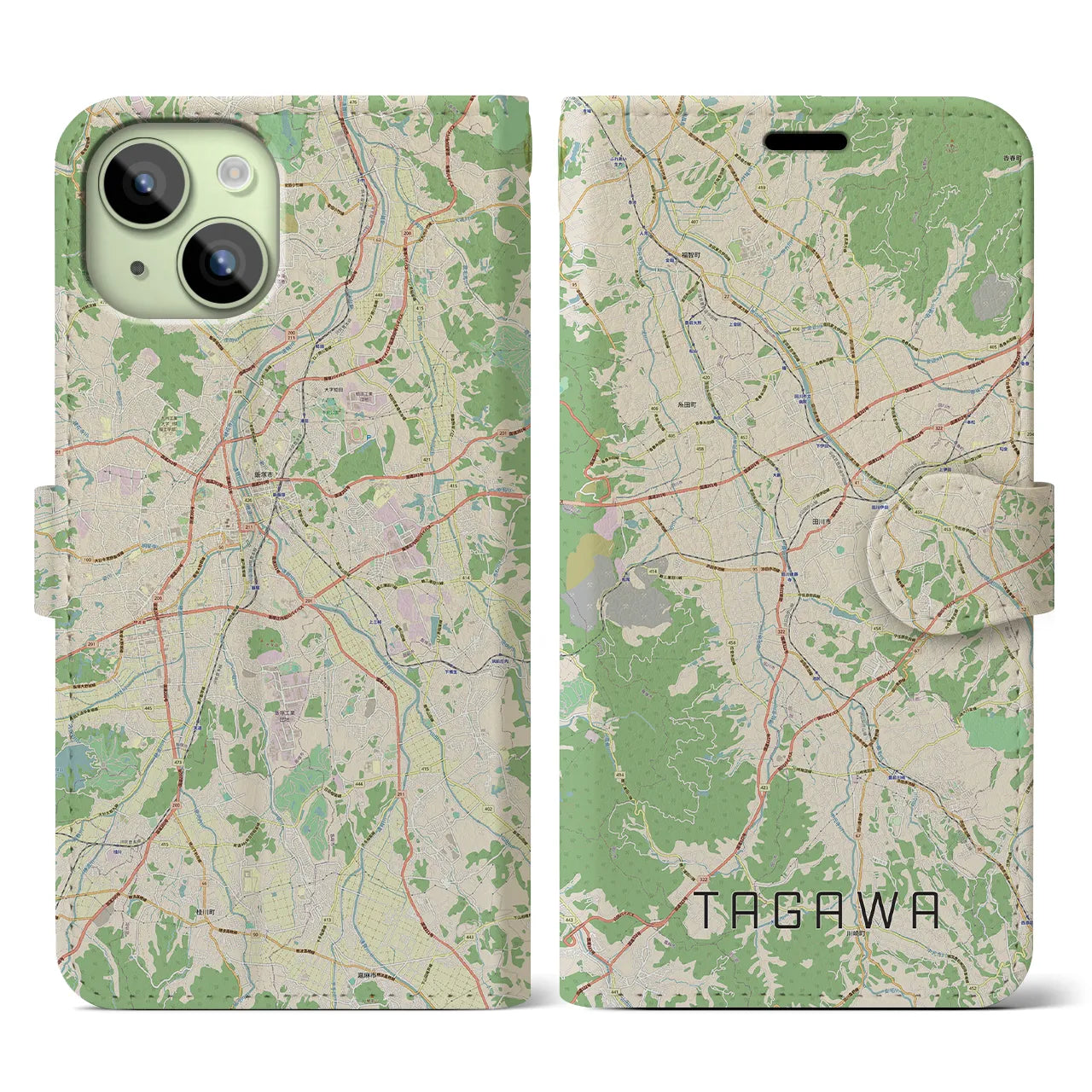 【田川】地図柄iPhoneケース（手帳両面タイプ・ナチュラル）iPhone 15 用