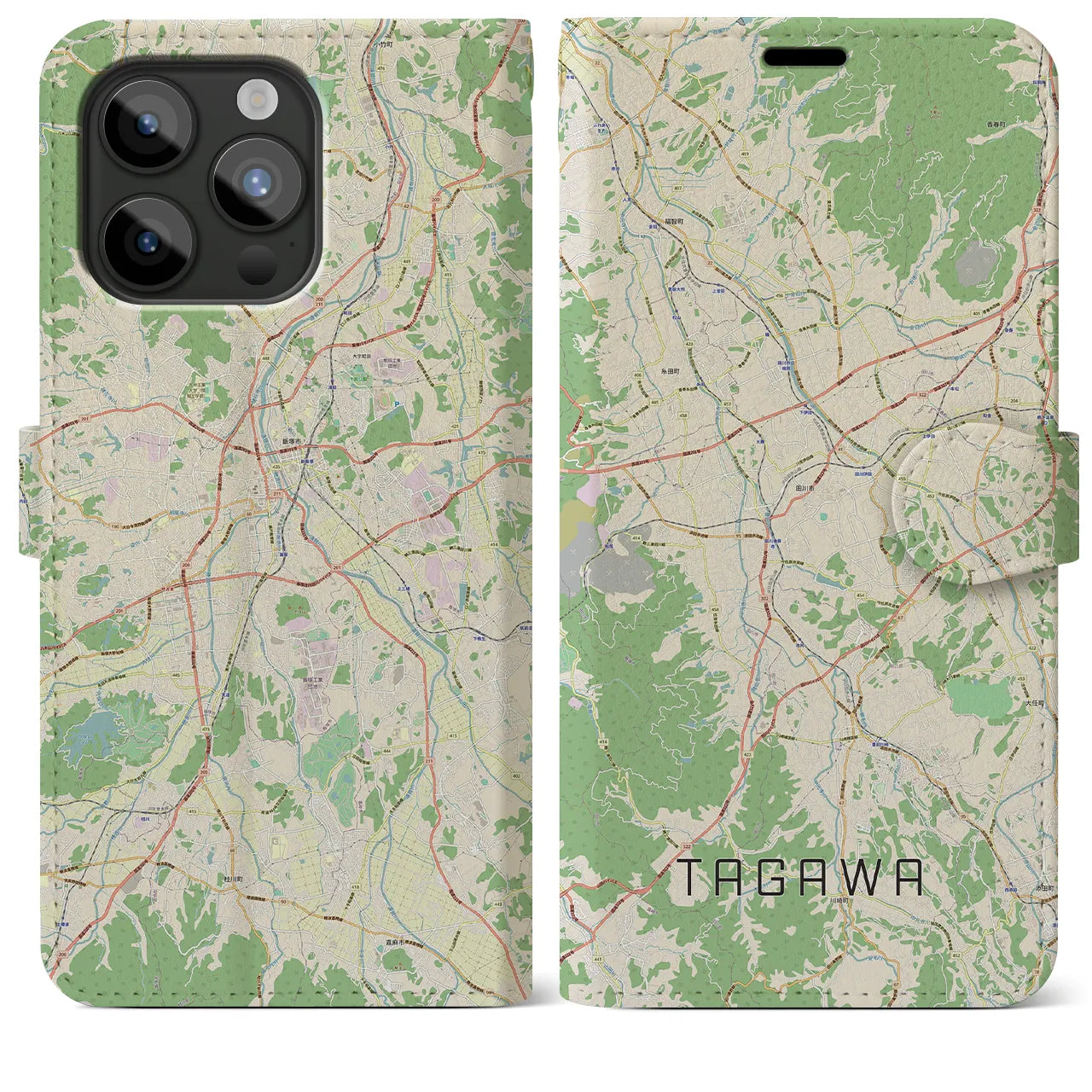 【田川】地図柄iPhoneケース（手帳両面タイプ・ナチュラル）iPhone 15 Pro Max 用