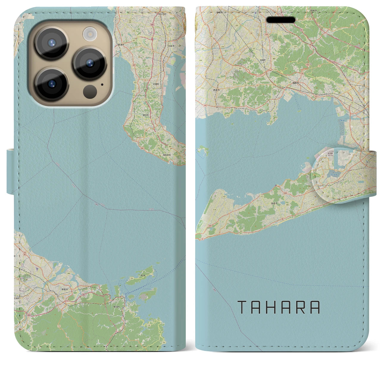 【田原（愛知県）】地図柄iPhoneケース（手帳タイプ）ナチュラル・iPhone 14 Pro Max 用