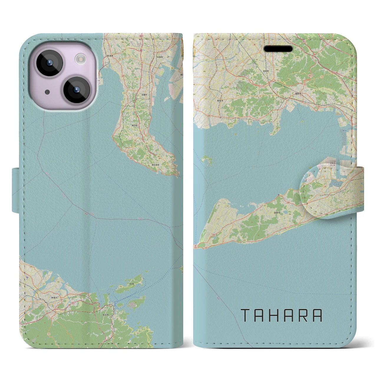 【田原】地図柄iPhoneケース（手帳両面タイプ・ナチュラル）iPhone 14 用