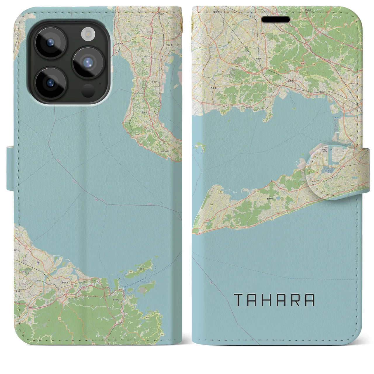 【田原（愛知県）】地図柄iPhoneケース（手帳タイプ）ナチュラル・iPhone 15 Pro Max 用