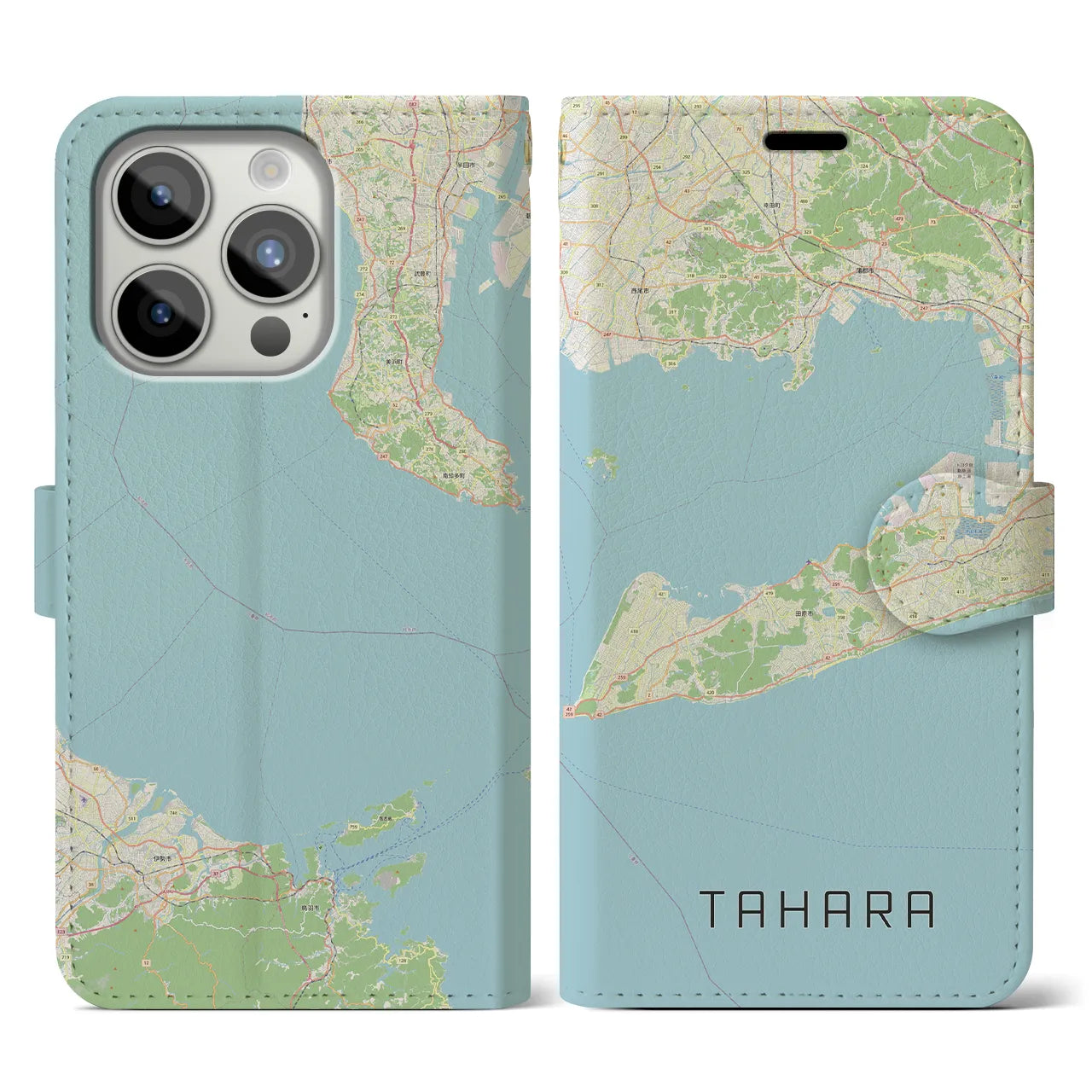 【田原】地図柄iPhoneケース（手帳両面タイプ・ナチュラル）iPhone 15 Pro 用