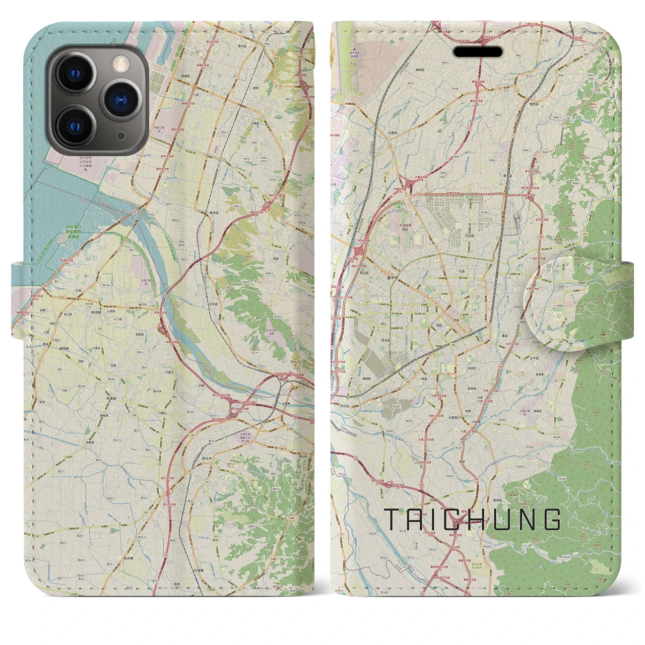 【台中】地図柄iPhoneケース（手帳両面タイプ・ナチュラル）iPhone 11 Pro Max 用