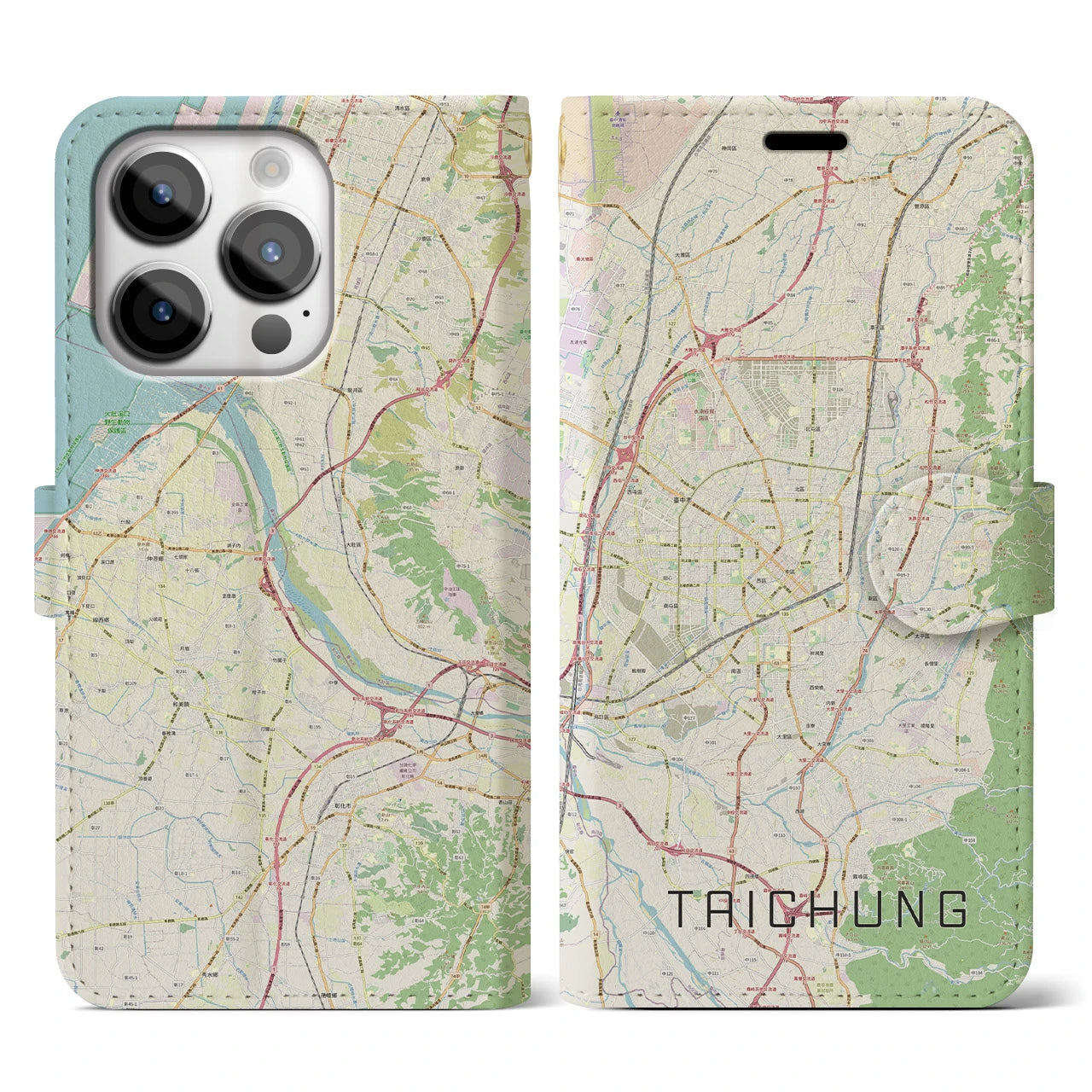 【台中】地図柄iPhoneケース（手帳両面タイプ・ナチュラル）iPhone 14 Pro 用
