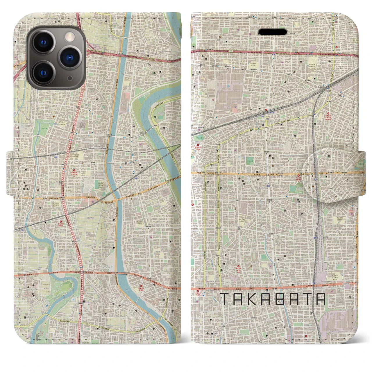 【高畑】地図柄iPhoneケース（手帳両面タイプ・ナチュラル）iPhone 11 Pro Max 用