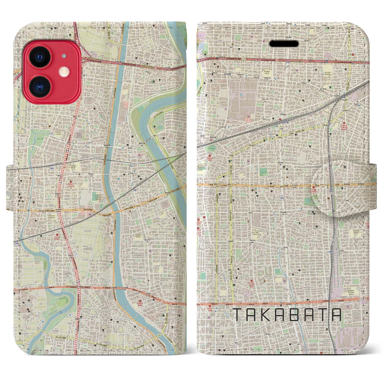 【高畑】地図柄iPhoneケース（手帳両面タイプ・ナチュラル）iPhone 11 用