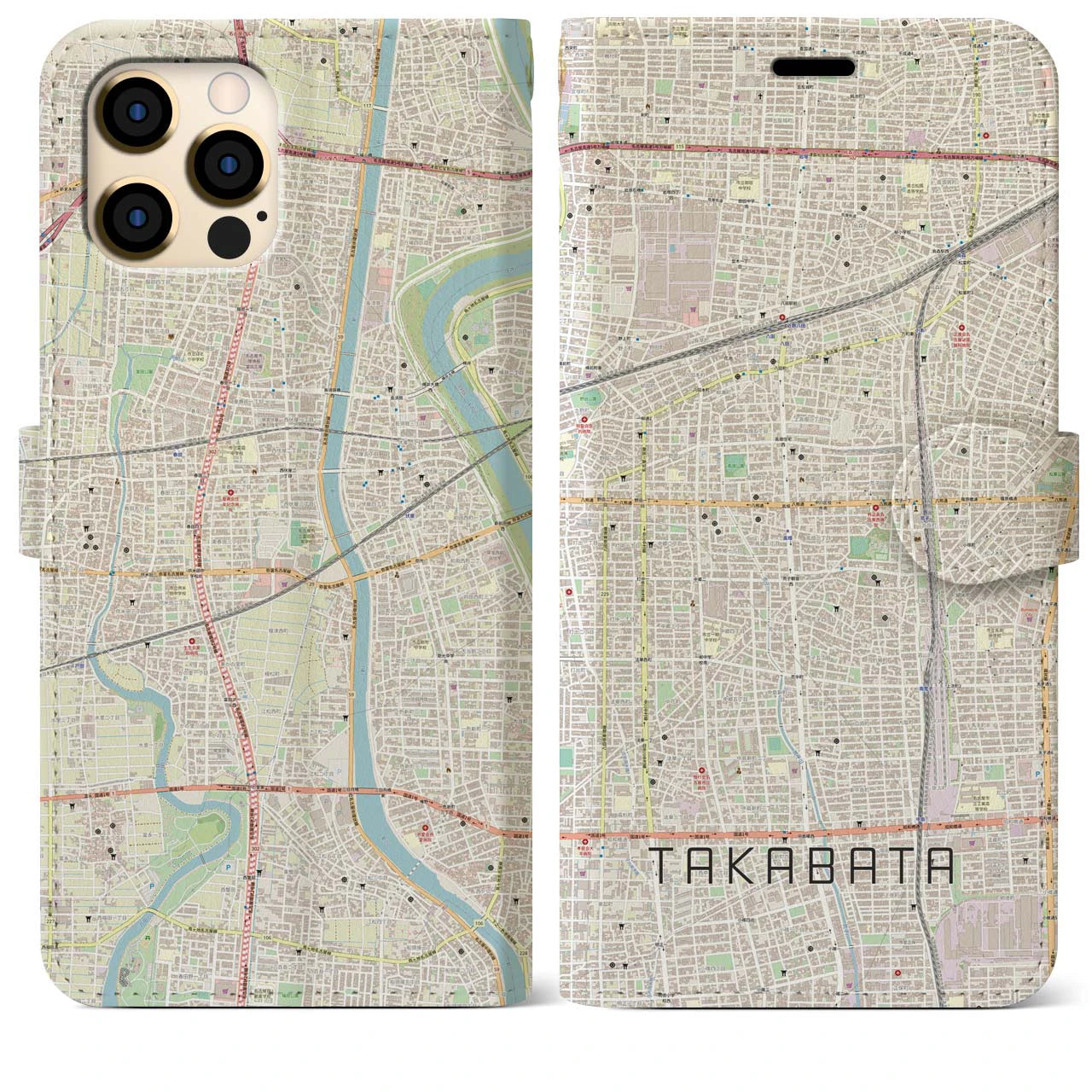 【高畑（愛知県）】地図柄iPhoneケース（手帳タイプ）ナチュラル・iPhone 12 Pro Max 用