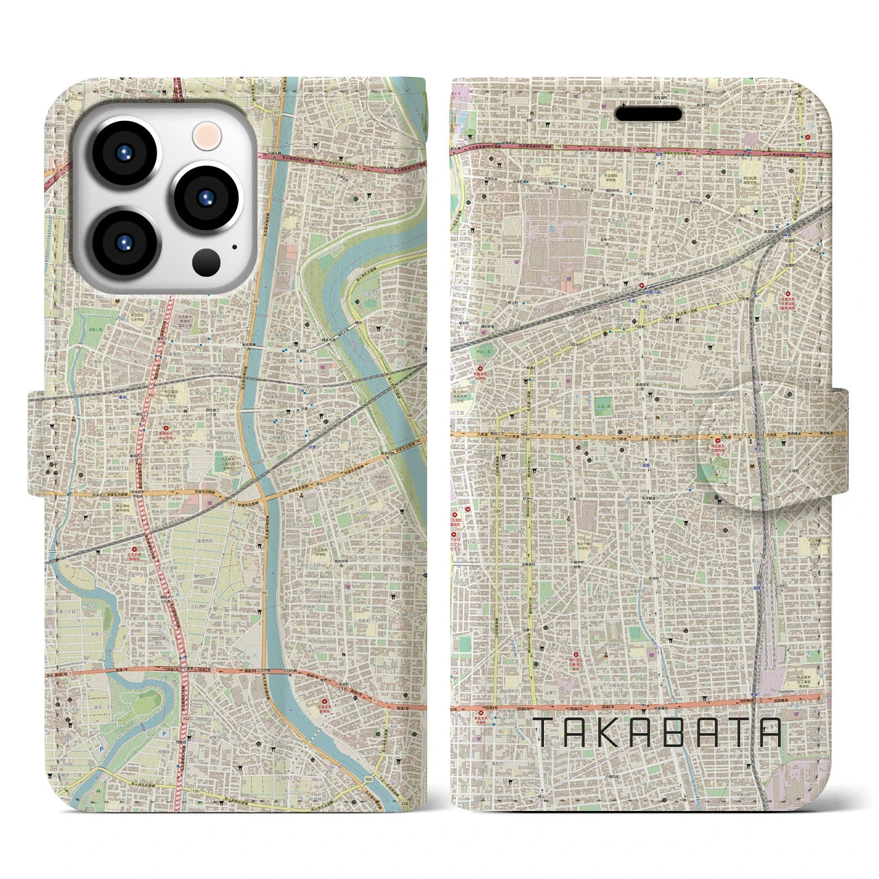 【高畑（愛知県）】地図柄iPhoneケース（手帳タイプ）ナチュラル・iPhone 13 Pro 用