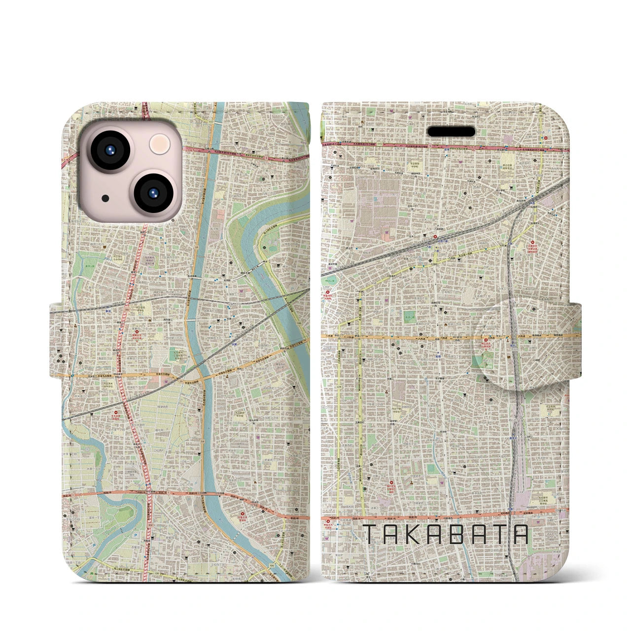 【高畑（愛知県）】地図柄iPhoneケース（手帳タイプ）ナチュラル・iPhone 13 mini 用