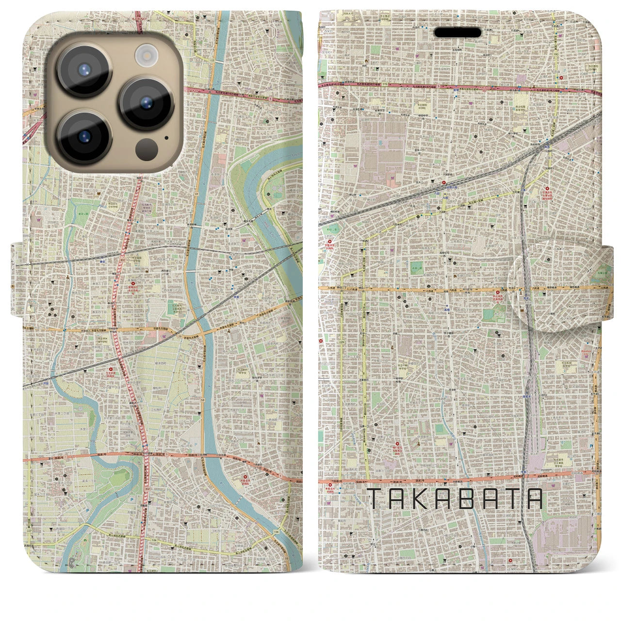 【高畑】地図柄iPhoneケース（手帳両面タイプ・ナチュラル）iPhone 14 Pro Max 用