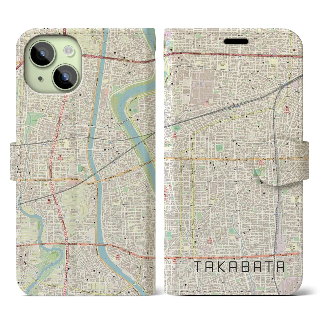 【高畑（愛知県）】地図柄iPhoneケース（手帳タイプ）ナチュラル・iPhone 15 用