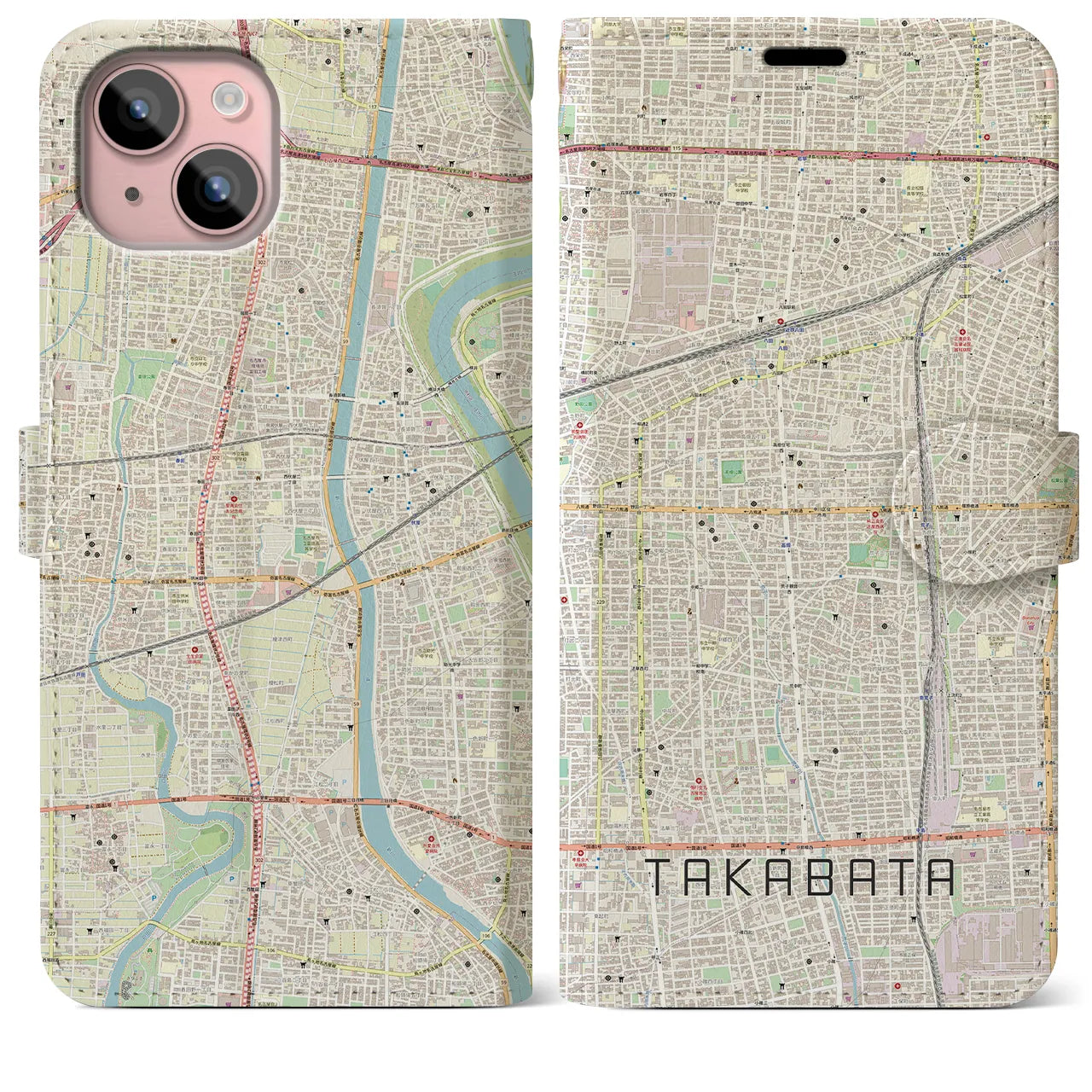 【高畑（愛知県）】地図柄iPhoneケース（手帳タイプ）ナチュラル・iPhone 15 Plus 用