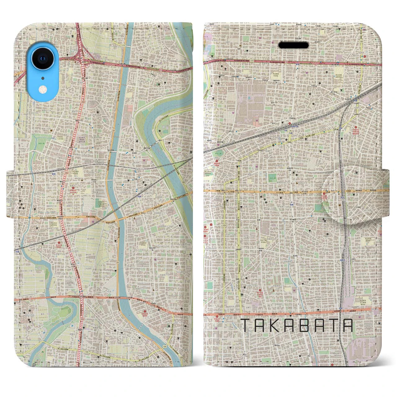 【高畑】地図柄iPhoneケース（手帳両面タイプ・ナチュラル）iPhone XR 用